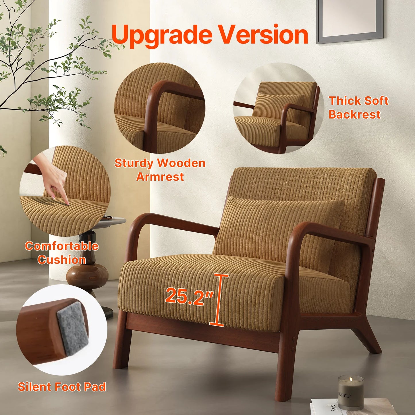 Mid Century Modern Accent Chair, Comfy Fabric Reading Chair with Solid Wood Frame, Easy Assembly Armchair for Living Room ，Bedro