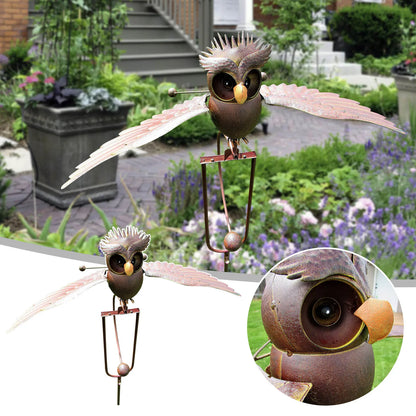 Flapping Metal Brown Gray Owl Yard Stake Rocking Wind Whirly Garden Art Garden Decoration Outdoor 1pcs