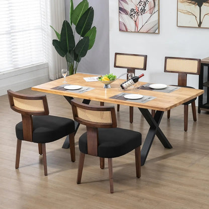 4-Pack Mid-Century Rattan Dining Chairs Fabric Upholstered with Black Wood Frame, Curved Back & Armless Design