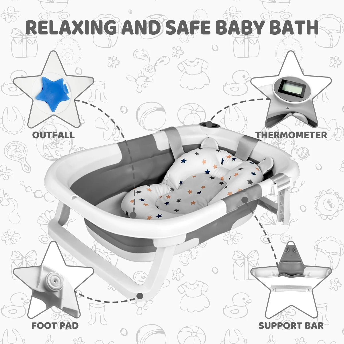 Baby BathTub with Bath Cushion, Portable and foldable, real-time temperature sensor, with a drainage hole