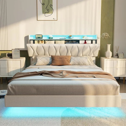 Queen Size Floating Bed Frame with Storage Headboard, Queen Bed Frame with LED Lights, Charging Station, Upholstered Pla