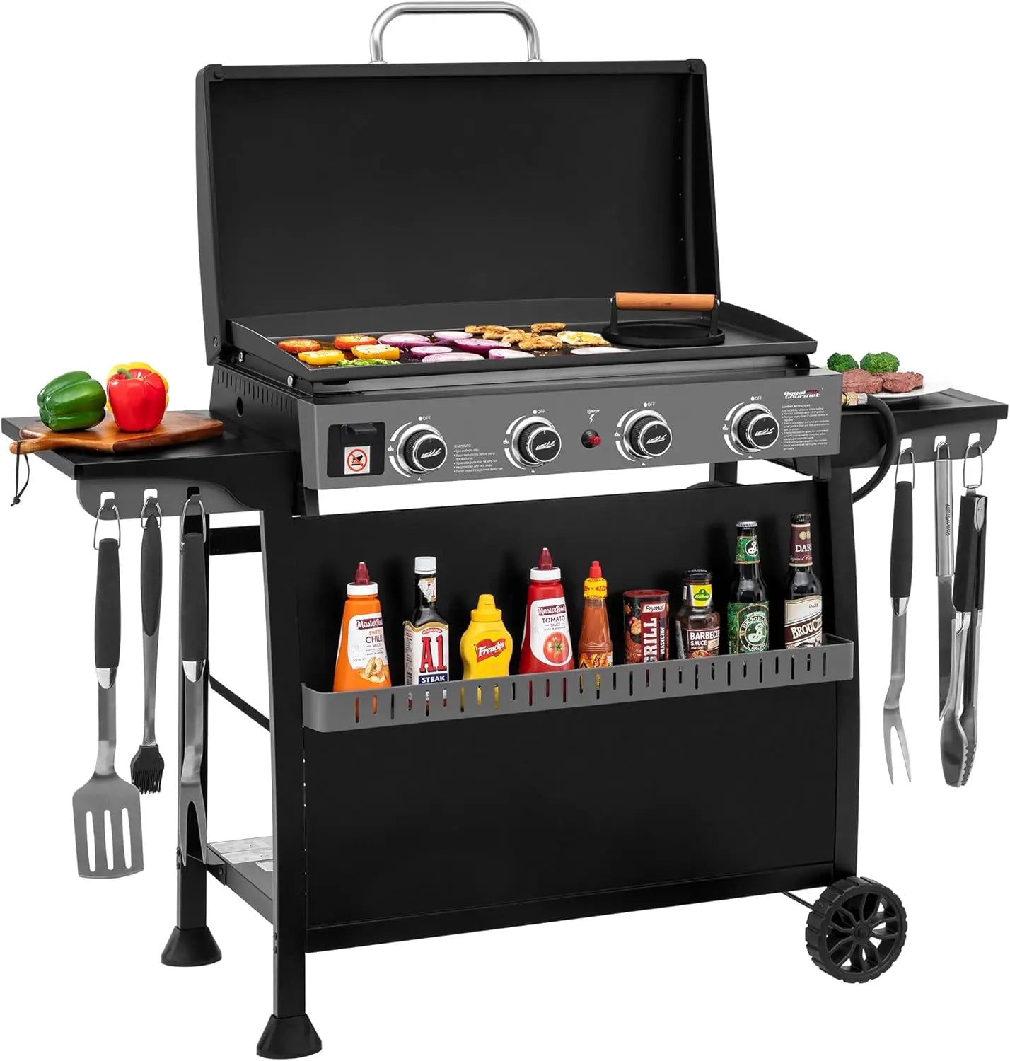 4 Burner Propane Gas Griddle with Removable Cart and Convertible Tabletop Design, Flat Top Grill with Hood for Camping, Tailgating, Backyard Use, Black