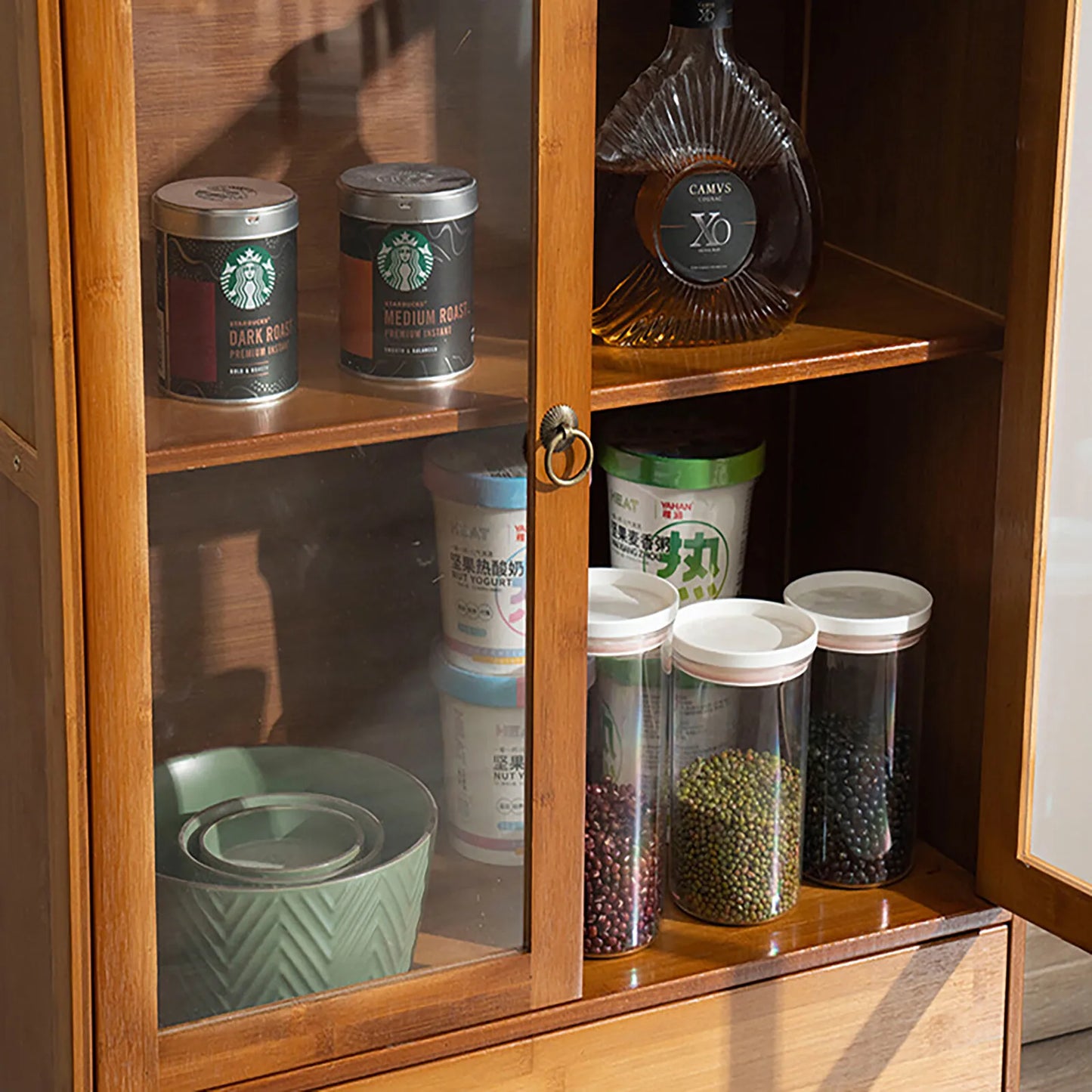 Retro Kitchen Sideboard with 2 Drawers, Bamboo and MDF Storage Cabinet for Small Space Organization