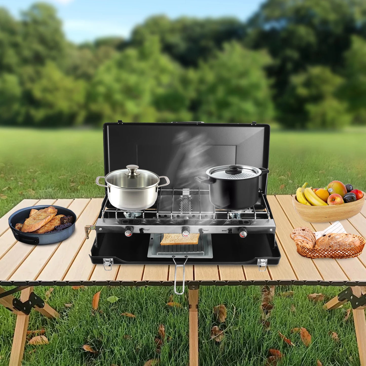 Camping Stove 3 Burner Propane Portable Stove with Regulator Toast Tray Windshield for Car Camping BBQ Picnics Outdoor Cooking