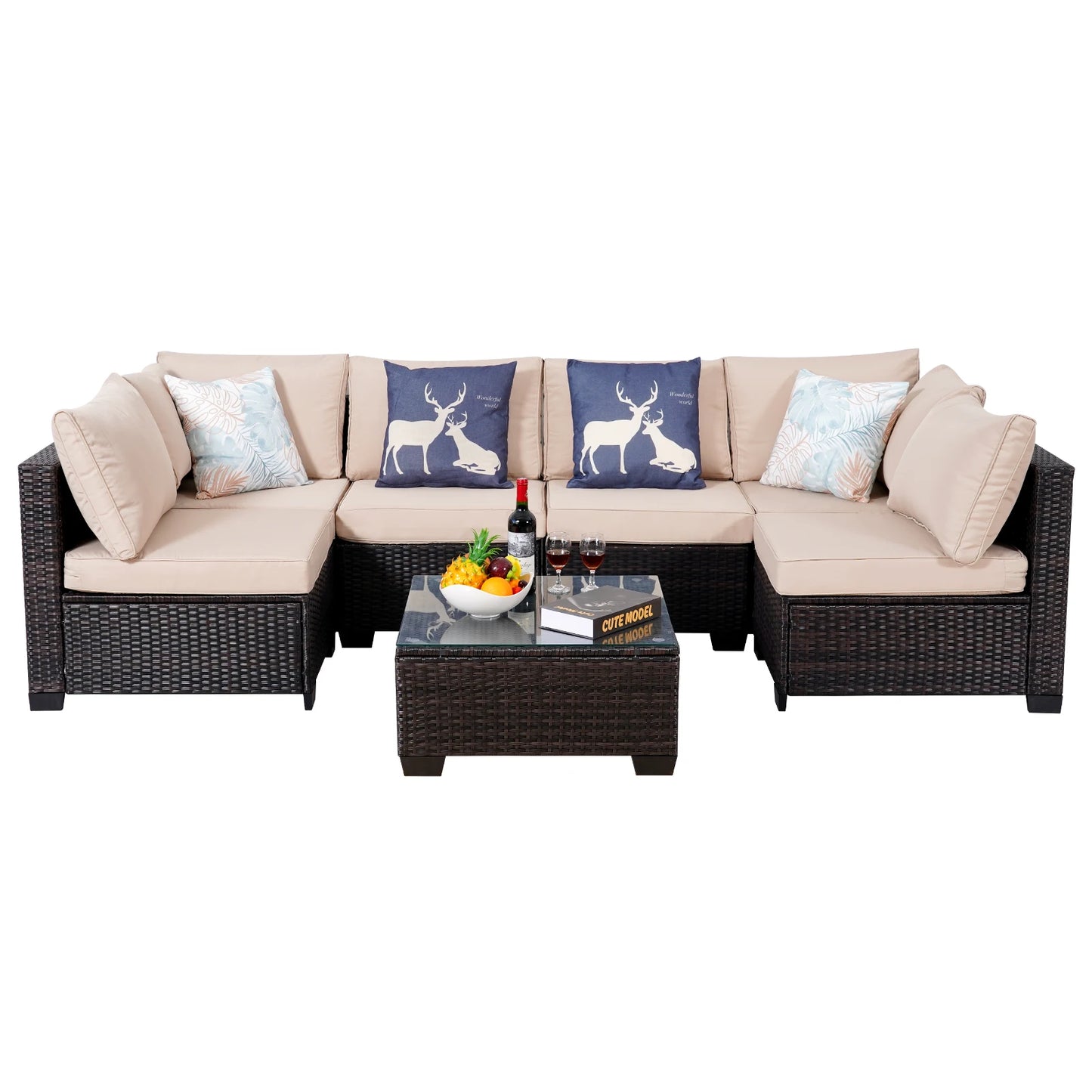 Outdoor Patio Furniture, 7 Piece Outdoor Sectional Sofa PE Rattan Wicker Patio Conversation Sets with Thick Cushions