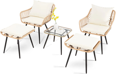 5 Piece Patio Furniture Set, Outdoor Wicker Small Conversation Bistro Set, All-Weather PE Rattan Chairs with Ottoman & Coffee Ta