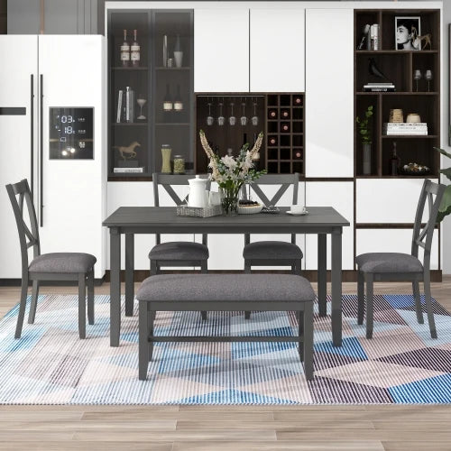 6-pc Dining Table Set Wooden Rectangular Dining Table, 4 Fabric Chairs and Bench Family Furniture (Gray)