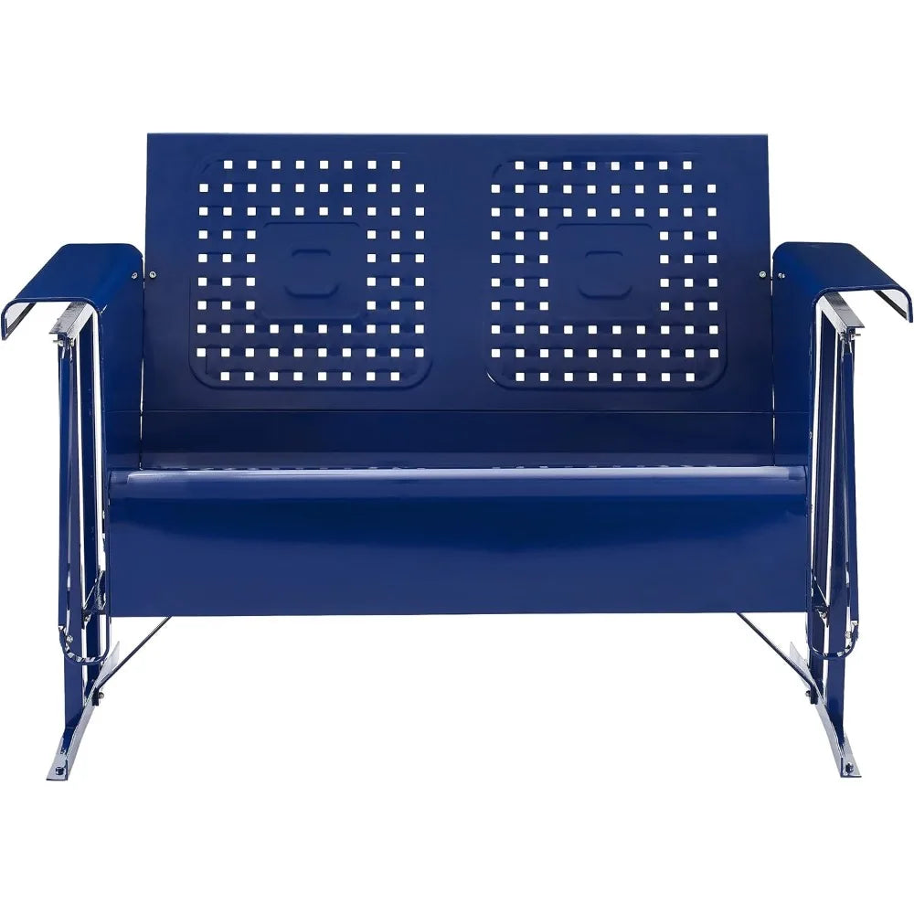 Retro Metal Outdoor Loveseat Glider, 2-Person Rocking Patio Bench for Porch, Deck, Navy Gloss