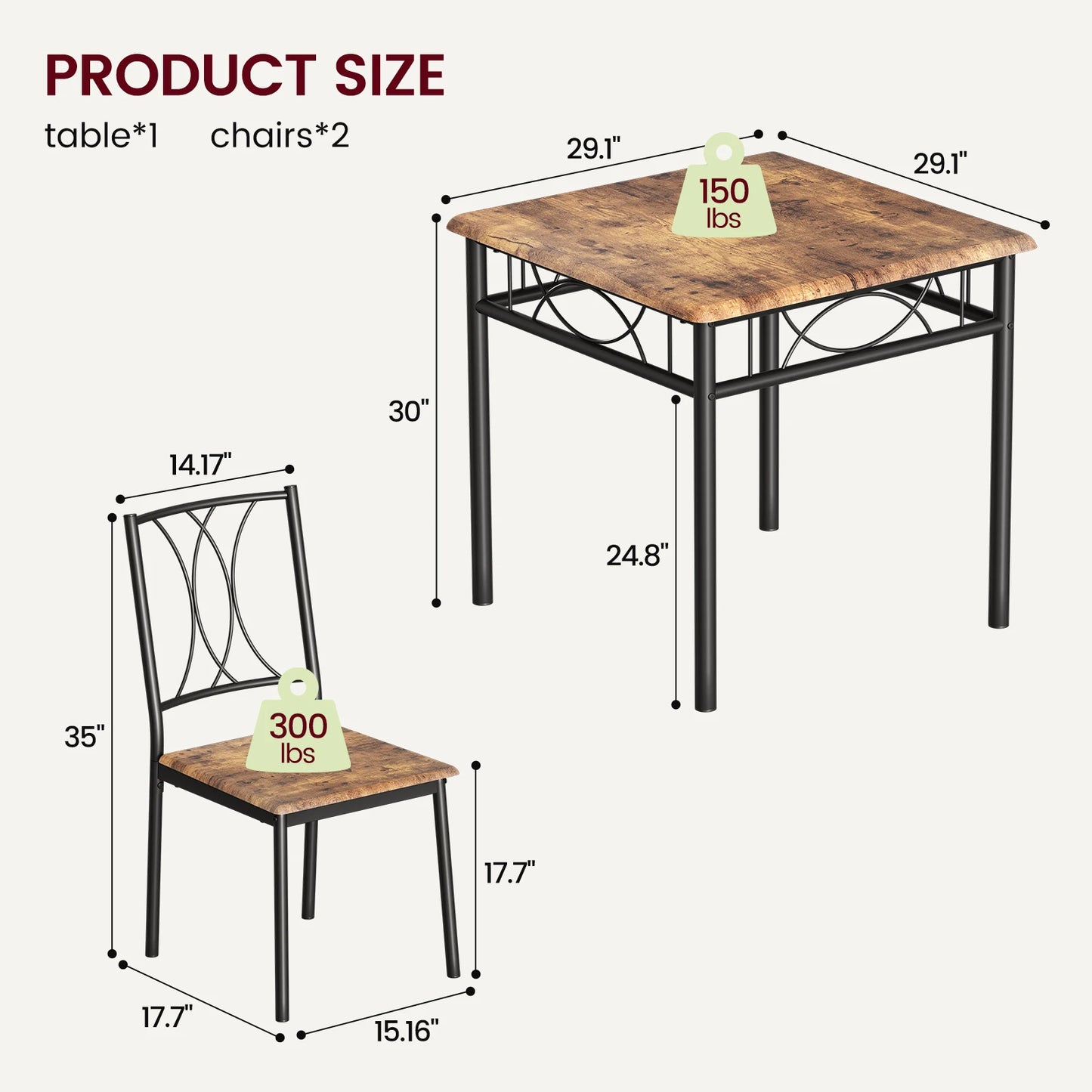 Dining Table Set for 2, Kitchen Table and Chairs, Square Dining Room Table Set with  Metal and Wood Chairs
