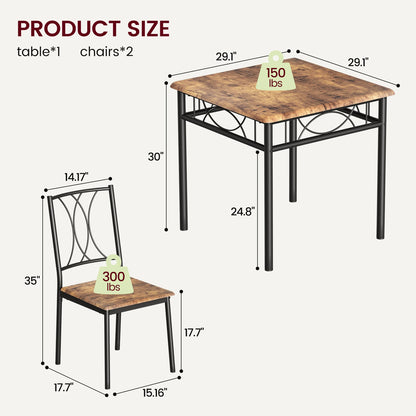 Dining Table Set for 2, Kitchen Table and Chairs, Square Dining Room Table Set with  Metal and Wood Chairs