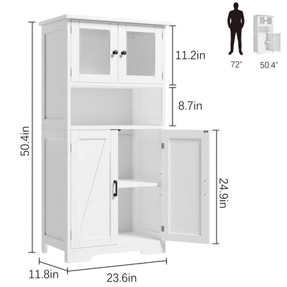 Free Standing Kitchen Pantry Cupboard with 4 Doors and Open Space 128cm Bathroom Tall Cabinet with Tempered Glass Doors
