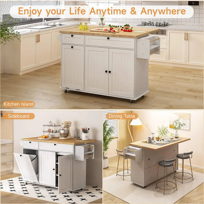 60" Mobile Kitchen Islands Rolling Trolleys Kitchen Island Table Drop Leaf Home Carts with Power Outlet Spice Towel Rack