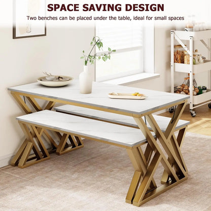 Kitchen Table Set for 4 with 2 Benches Space Saving Dining Table & Benches, Sturdy Metal Frame Dinette Set for Dining Room Gold
