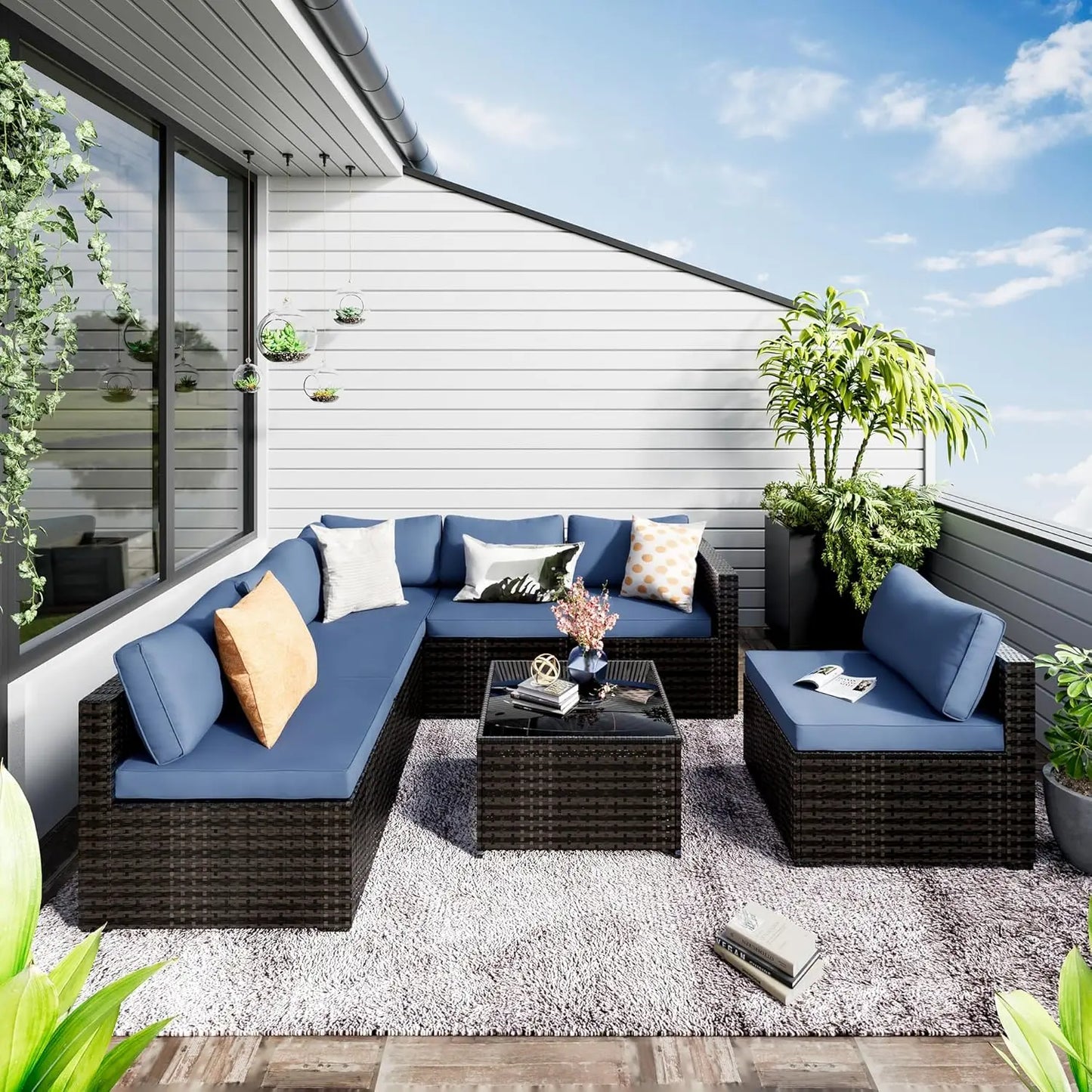 7 Pieces Patio Set, Wicker Conversation Sets with Cushion and Table, 7-Pieces Couch, Patio Furniture Set for Porch Poolside