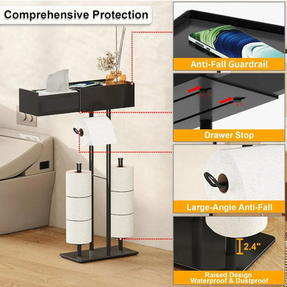 Free Standing Toilet Paper Holder with Shelf,Stand Mega Roll Toilet Paper Holder with Storage,Freestanding Tp Holder with Drawer