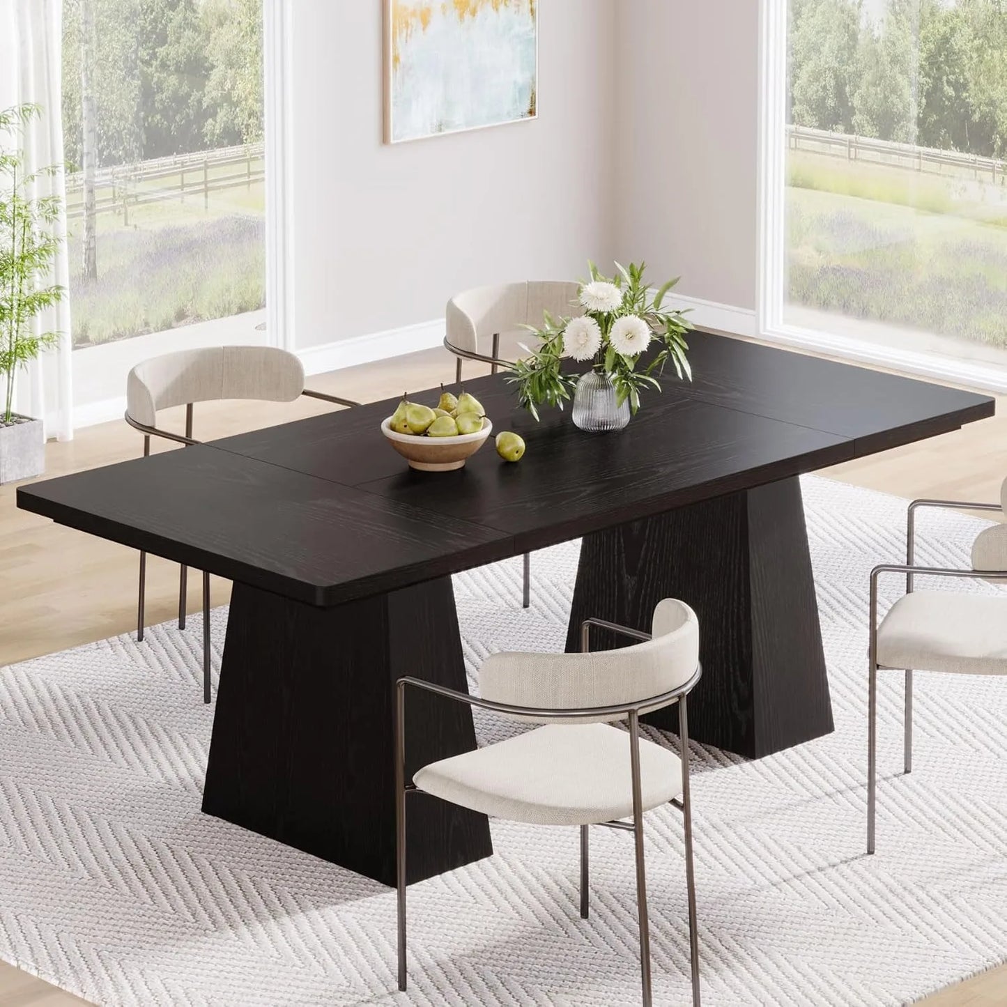 Black Dining Table for 4-6, Modern Kitchen Table with Tapered Wood Legs and Tabletop for Kitchen, Living Room