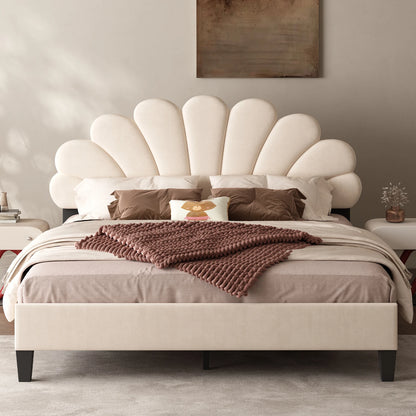 Bed Frame/Velvet Upholstered Platform Bed Frame with Flower Pattern Headboard/Strong Wood Slats Support/Mattress Foundation/No B