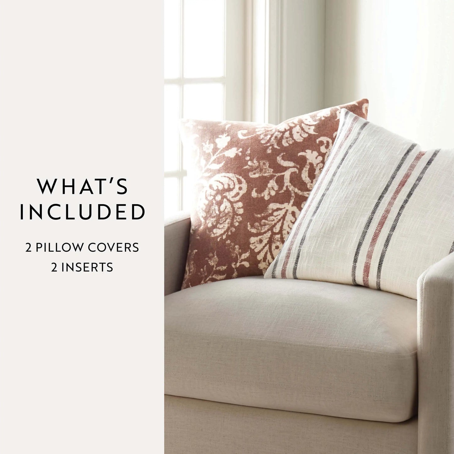 2-Pack Floral & Stripe Decor Throw Pillows, Terracotta & Yarn-Dyed Cushion Covers for Sofa Bed, Boho Home Accent Pillows