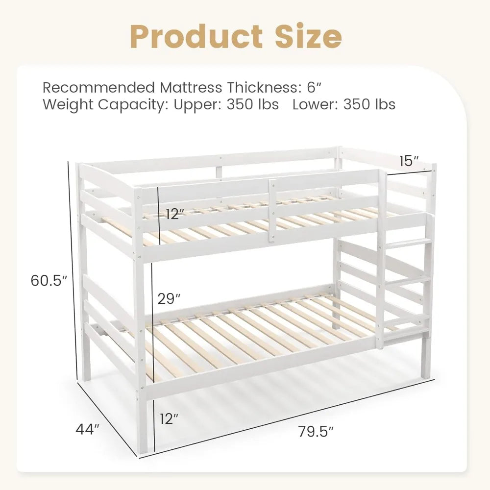 Twin Over Twin Solid Wood Bunk Bed with Detachable Frame, High Guardrails, and Integrated Ladder