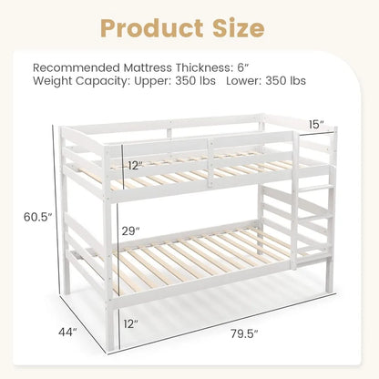 Twin Over Twin Solid Wood Bunk Bed with Detachable Frame, High Guardrails, and Integrated Ladder