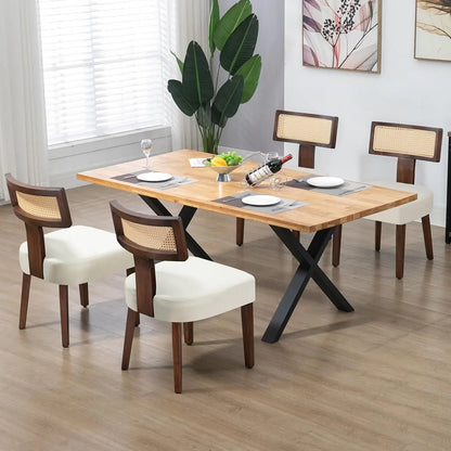 4-Pack Mid-Century Rattan Dining Chairs Fabric Upholstered with Black Wood Frame, Curved Back & Armless Design