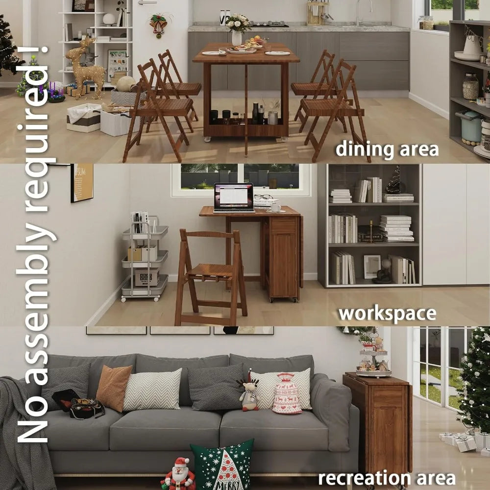 Folding Dining Table Set for 4, Bamboo Foldable Kitchen Dinning Set with Chairs, Double Drop Leaf Devise, Inside of Dinner