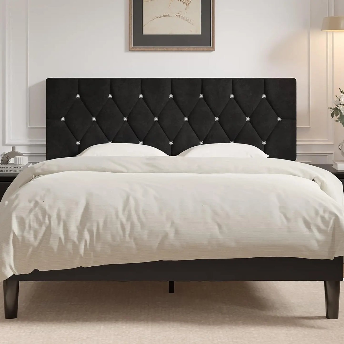 Queen Size Tufted Upholstered Headboard, Adjustable Height 39.8" to 49.8", Diamond Button Design, Easy Assembly in Classic Black