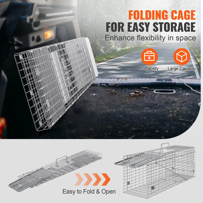 24/31/42/50in Animal Cage Trap Folding Humane Cat Trap Galvanized Iron with Handle for Rabbits Squirrels Groundhogs
