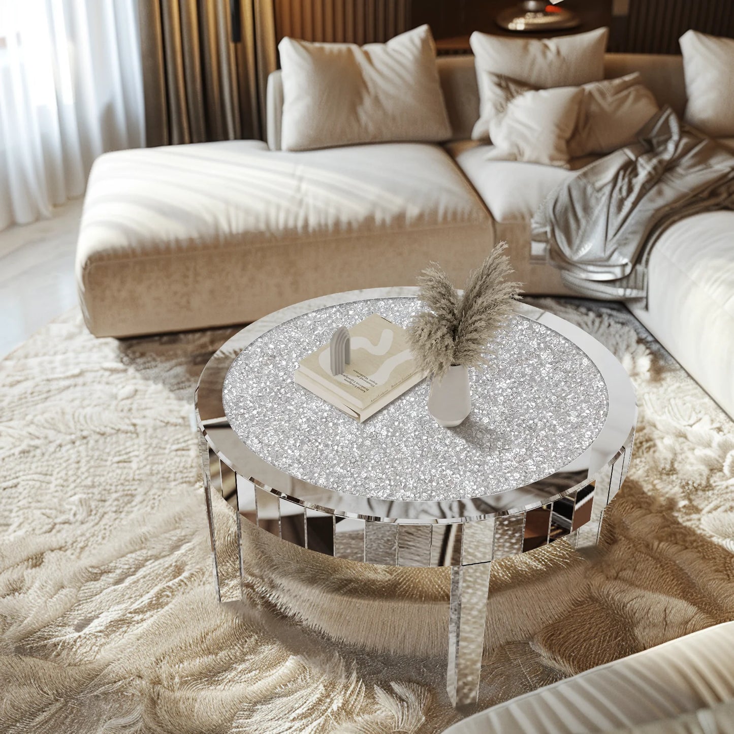 Mirrored Coffee Table with Crystal Inlay, 31.5'' Modern Round Coffee Table with Mirror Surface, Silver Accent Table