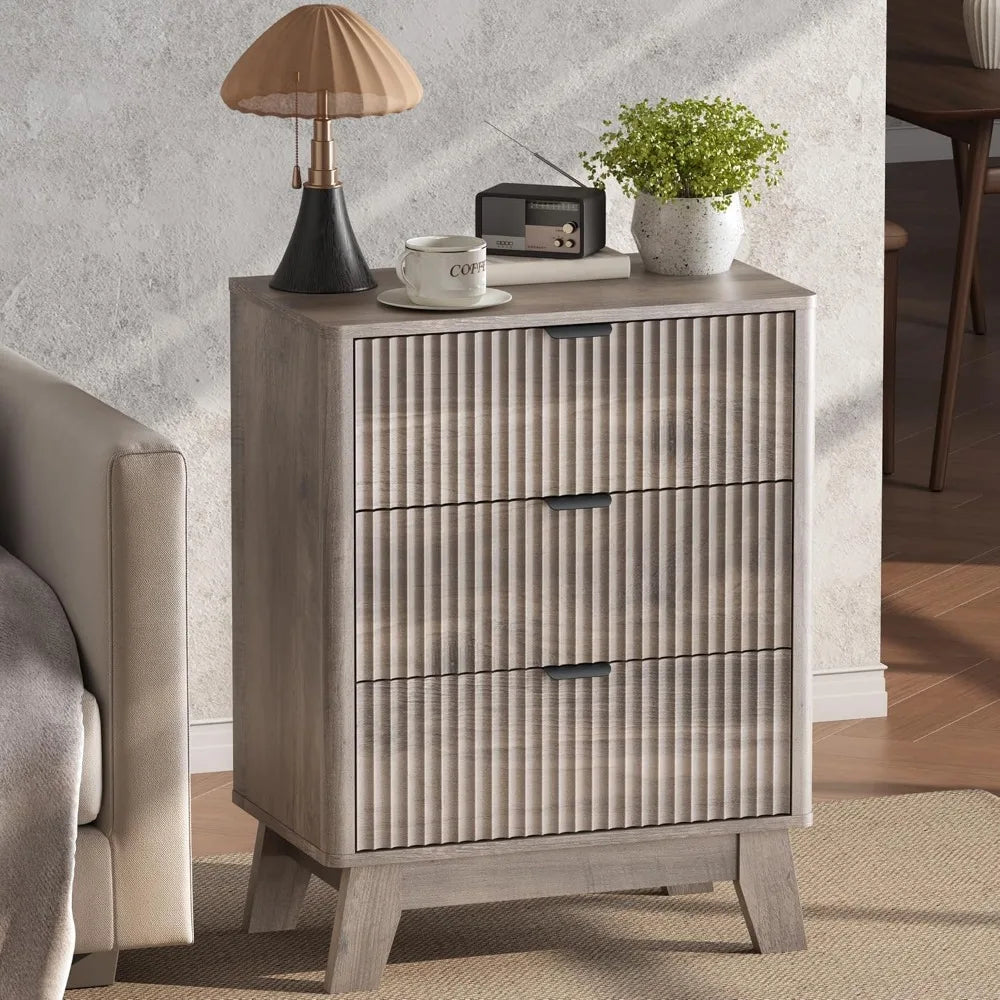 Night Stand Set 2,Mid Century Modern Fluted Wood Nightstand with Drawers & Metal Handles, Farmhouse Nightstand for Bedroom