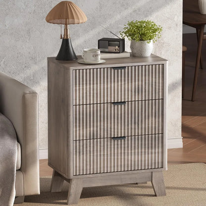 Night Stand Set 2,Mid Century Modern Fluted Wood Nightstand with Drawers & Metal Handles, Farmhouse Nightstand for Bedroom