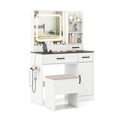 Vanity Desk w/ Mirror & Power Outlets Dressing Table w/ 3 Color lighting