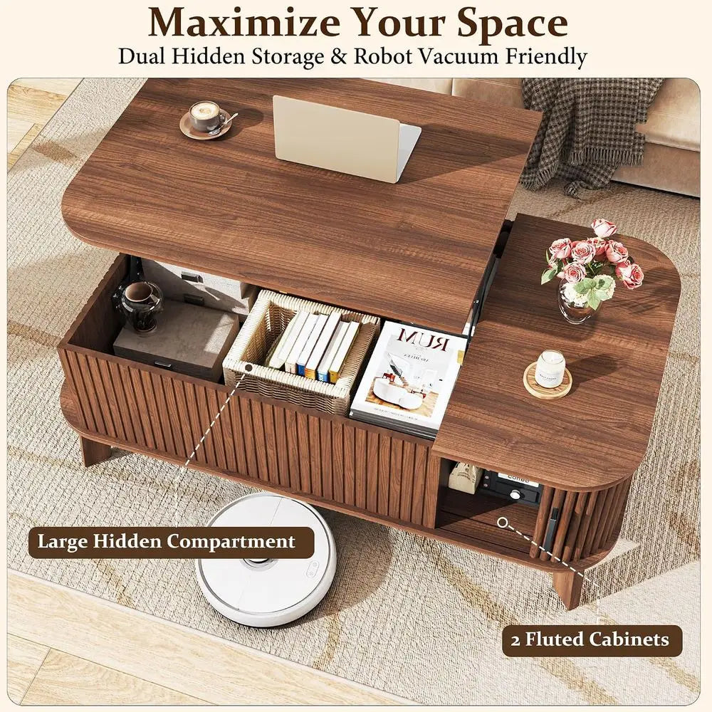 37.4 Modern Coffee Table with Storage, Sliding Door Walnut Living Room Furniture