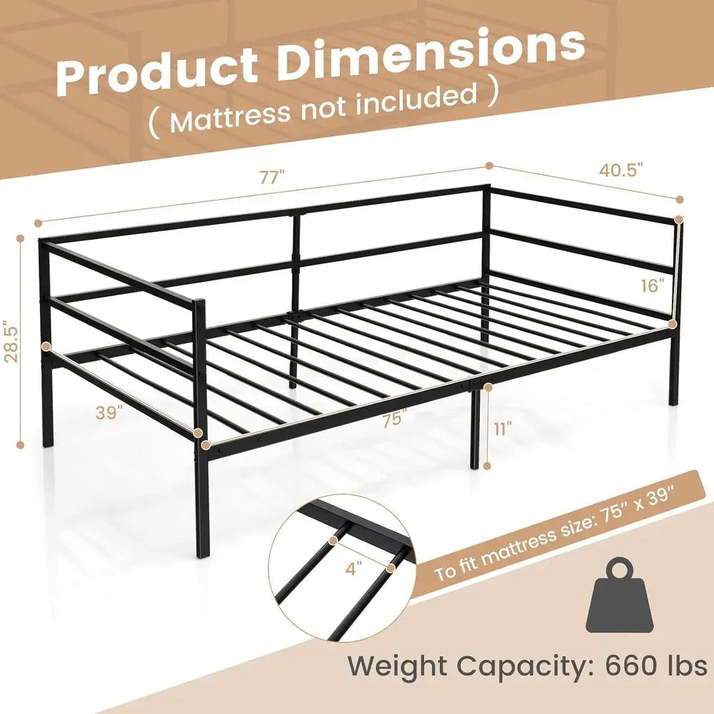 Metal Twin Daybed e, Day Bed with Metal Slat Support & 3-Sided Guardrails, 2-in-1 Space-Saving Soa Bed or Living Room Gt Room, N