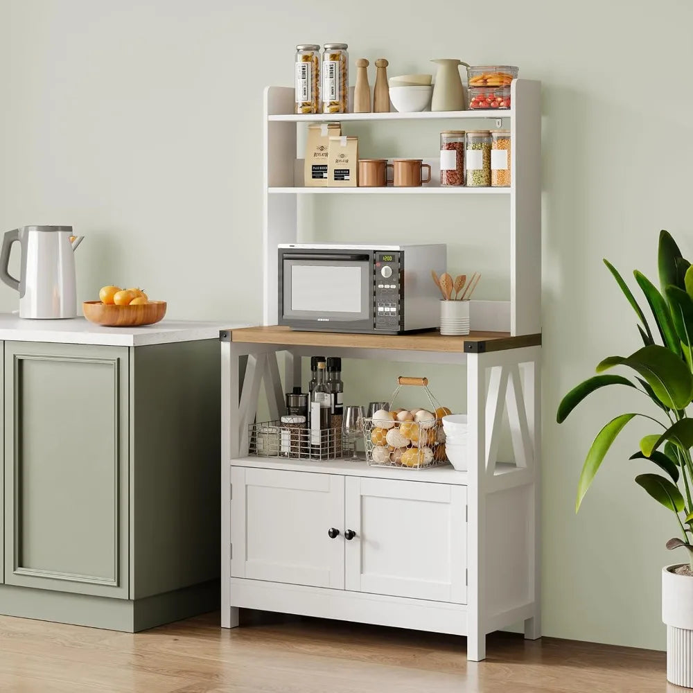 White Microwave Stand Bakers Rack Cabinet, Freestanding 5-Tier Kitchen Storage with Shelves, Farmhouse Floor Hutch Door Thickene