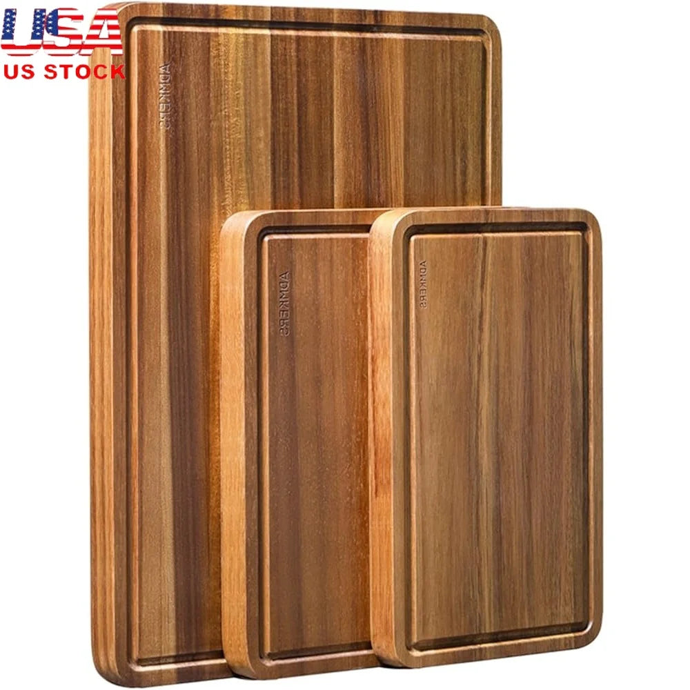 Wooden Cutting Boards Set of 3 Thick Chopping Board with Deep Juice Groove and Handles