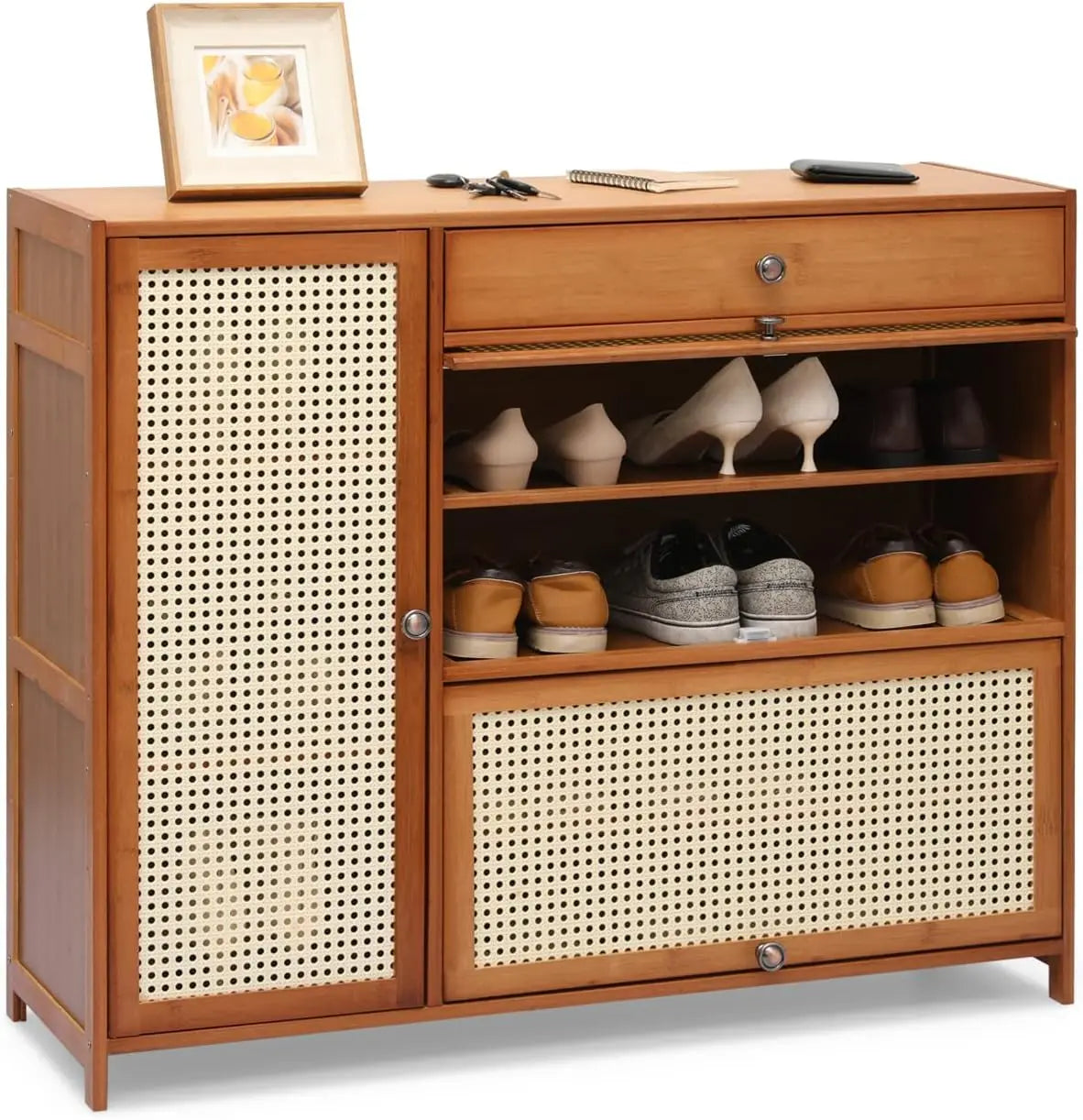 Rattan Shoe Cabinet Double Layer Shoe Shelf Boho Vibe Storage Cabinet with Doors Freestanding