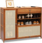 Rattan Shoe Cabinet Double Layer Shoe Shelf Boho Vibe Storage Cabinet with Doors Freestanding