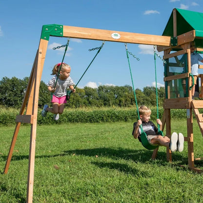 Wood Swing Set with Wave Slide, Play Deck, Rock Wall Ladder, Belt Swings, Chalkboard, Cano