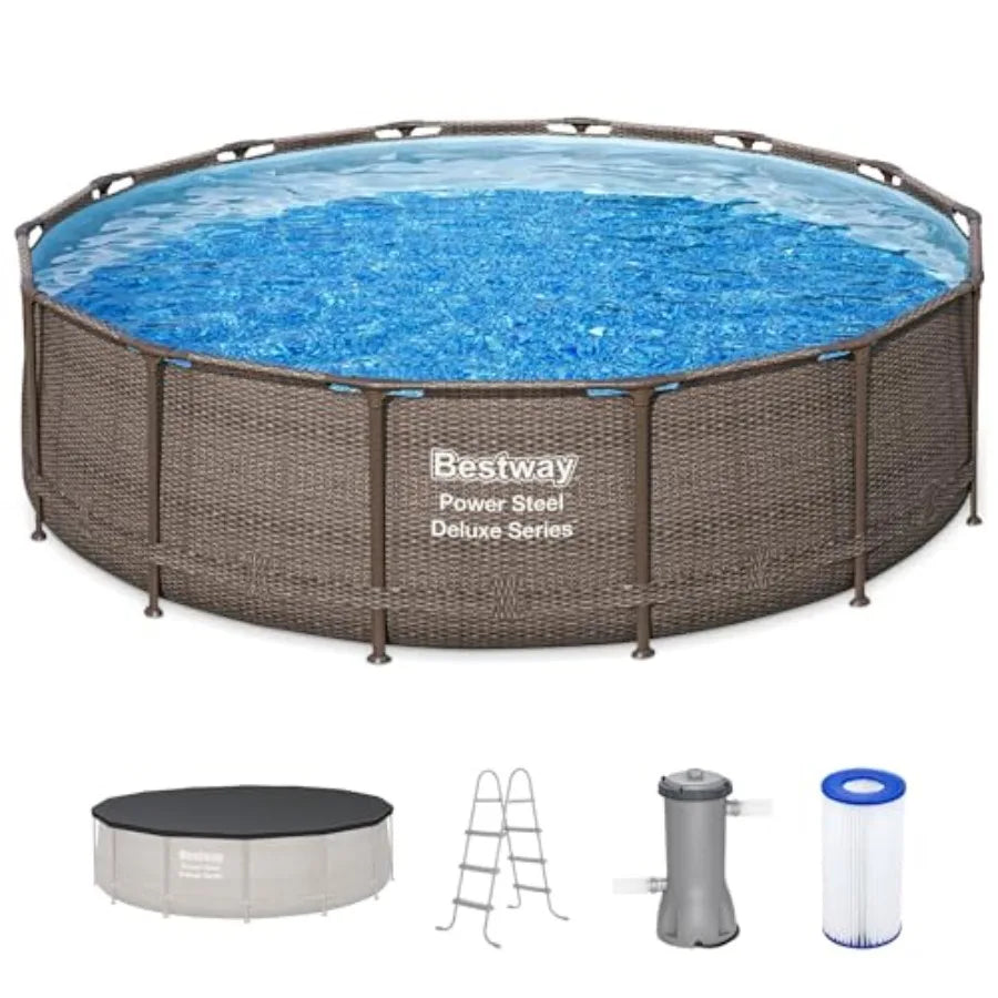 Backyard outdoor swimming pool set: Power Steel round above-ground pool, 14 x 42, steel frame, blue, includes 1, 000 GPH filter