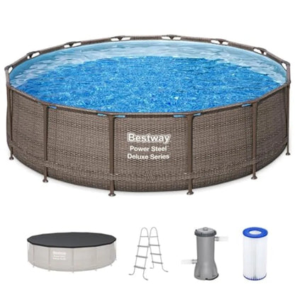 Backyard outdoor swimming pool set: Power Steel round above-ground pool, 14 x 42, steel frame, blue, includes 1, 000 GPH filter