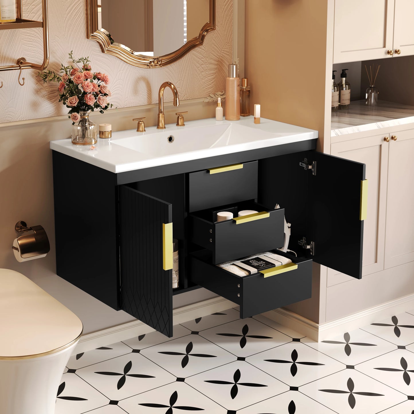 36'' Wall Mounted Bathroom Vanity without Sink, Floating Bathroom Storage Cabinet with 2 Drawers, Solid Wood Bathroom Cabinet