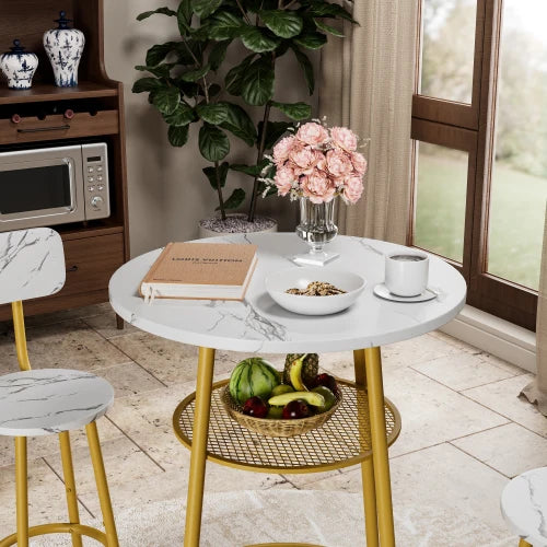 3 Pcs, Dining Table and Chairs Set with 2 Stools Dining Table Set Faux Marble Tabletop for Home or Hotel Dining Room