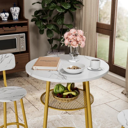 3 Pcs, Dining Table and Chairs Set with 2 Stools Dining Table Set Faux Marble Tabletop for Home or Hotel Dining Room