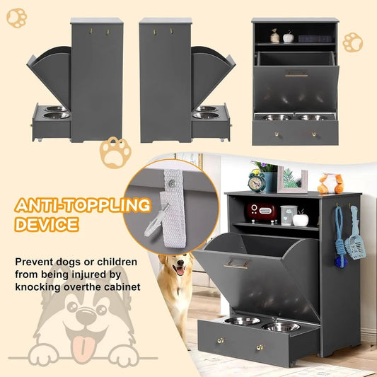 Pet Feeder Station Storage Cabinet with Removable Bowls Hanger Dog Supplies Durable MDF Design Easy Assembly
