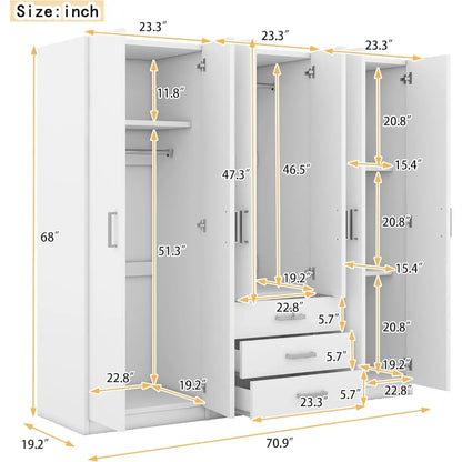 Large Wardrobe Closet 6 Doors, 70.9" W Wooden Wardrobe Cabinet with Big Drawers, Bedroom Armoire Dresser Wardrobe Clothes Organi