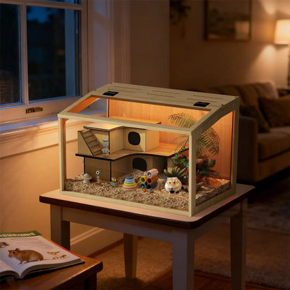 Large Natural Wooden Hamster Cage with Glass Panels, LED Light, Chew-Proof Indoor Habitat for Small Pets