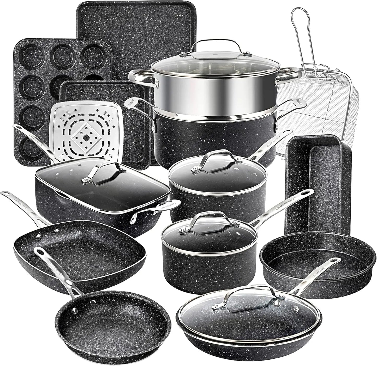 True 20 Pc Pots and Pans Set Non Stick Cookware Set with Deep Square Pan and Bakeware Set, Non Toxic PFOA PFOS Free, Oven Safe