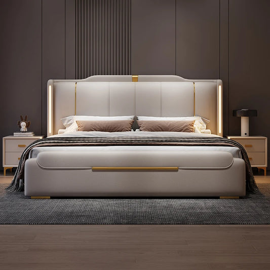 SAT. Luxury modern king soft bed framed leather solid wood double bed with storage for home or hotel bedroom furniture