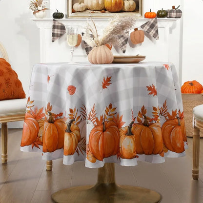 Fall Tablecloth 70x70 Inch Round Thanksgiving Autumn Harvest Pumpkin Buffalo Plaid Decoration Table Cloth Stain Resistant